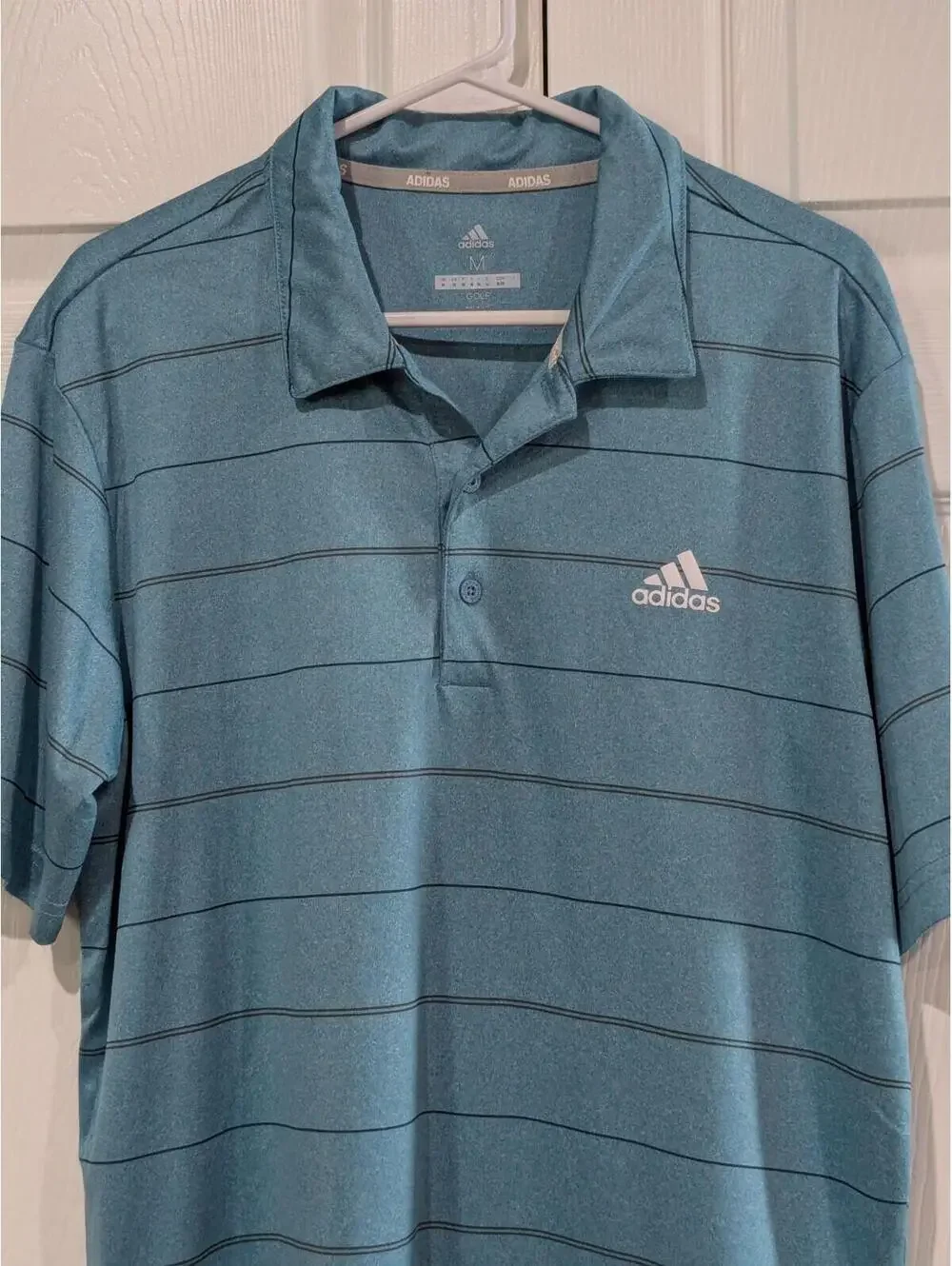 Adidas Men's Golf Polo Shirt, Medium, Blue with Horizontal Stripes, Short Sleeve